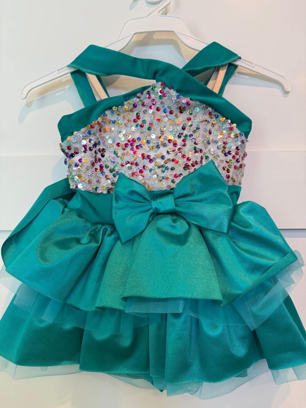 Kids Teal Sequin Dance Costume with Bow